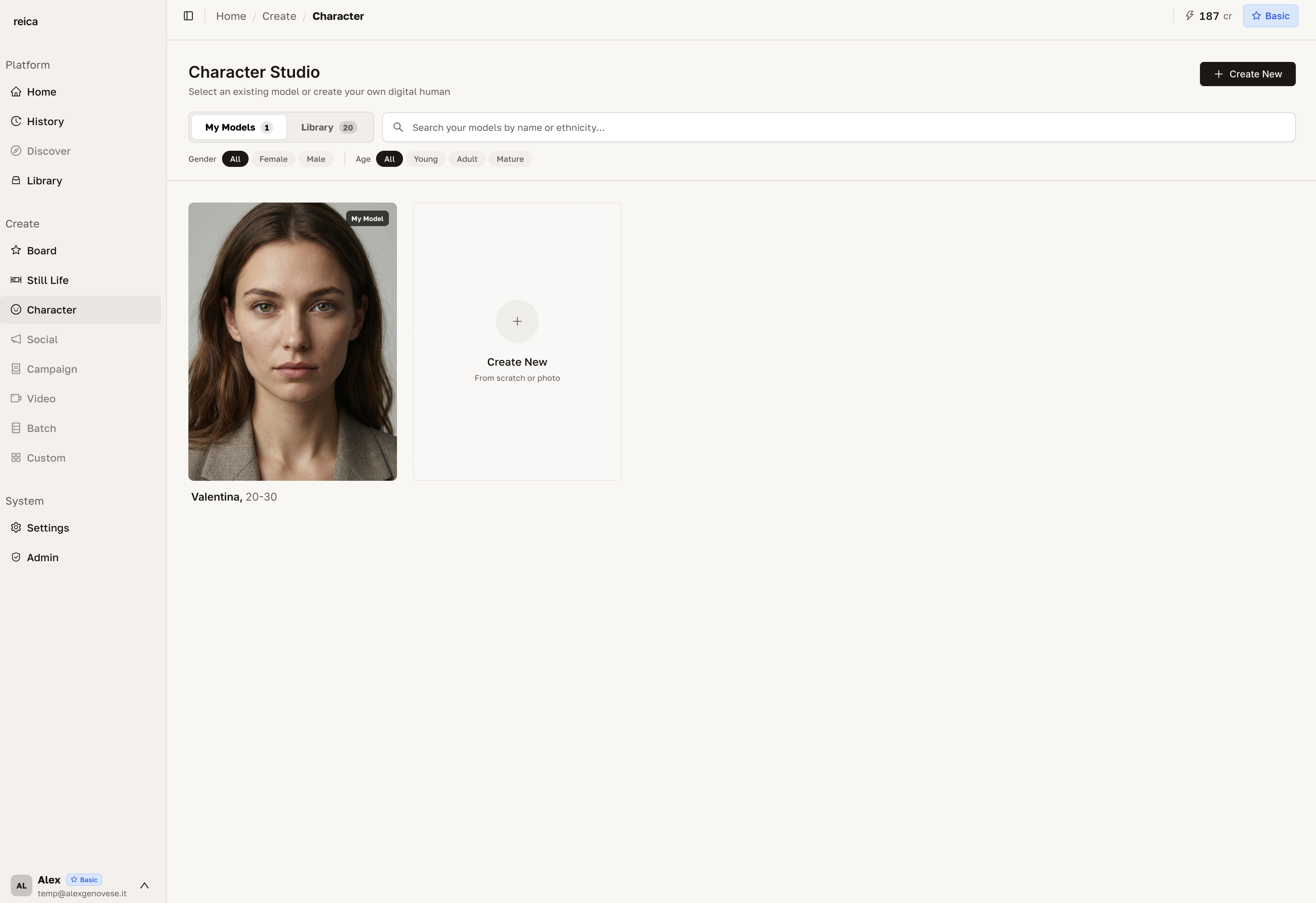 Create a new character using the Create New button