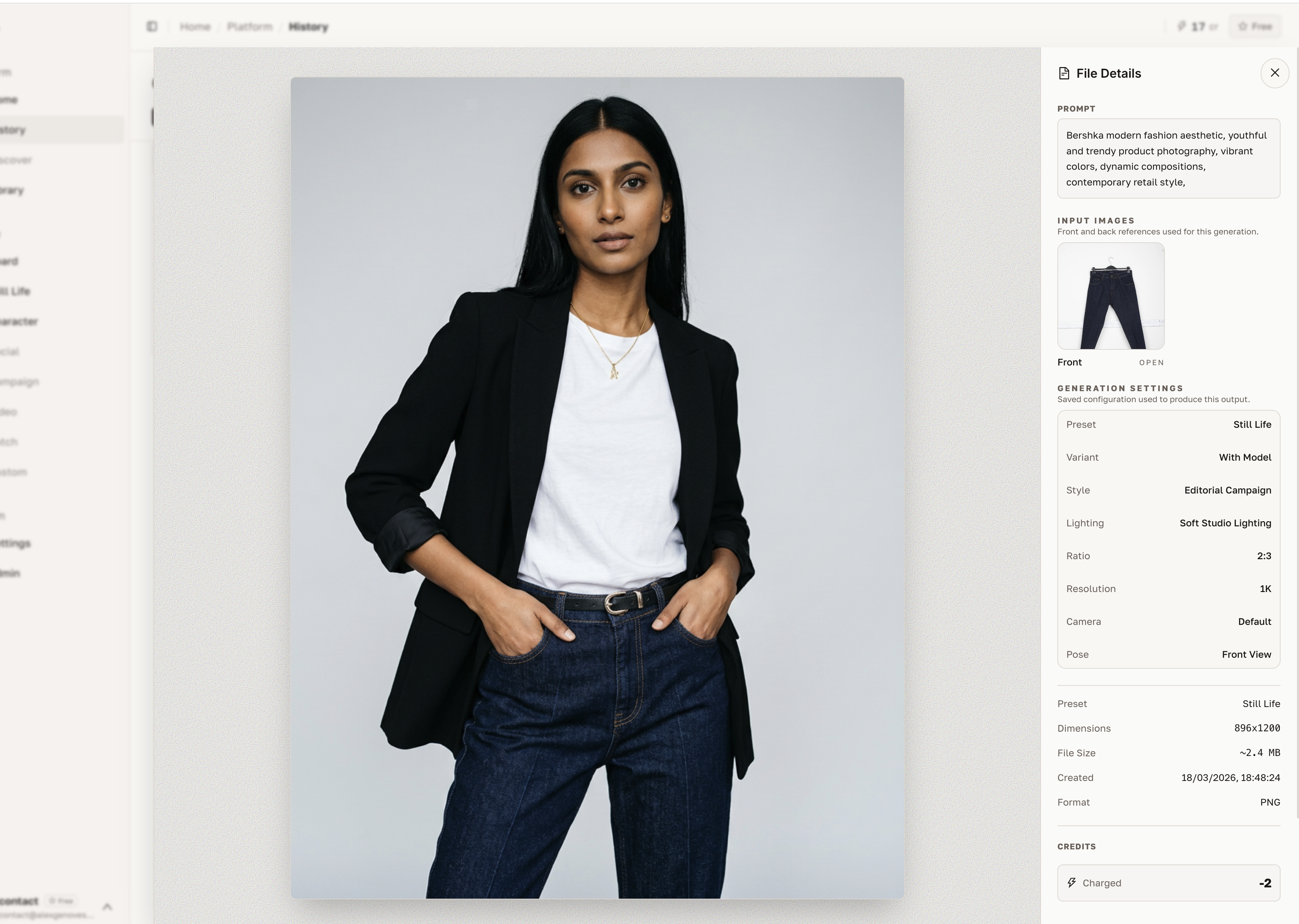 Generation detail modal with full settings visible on the right