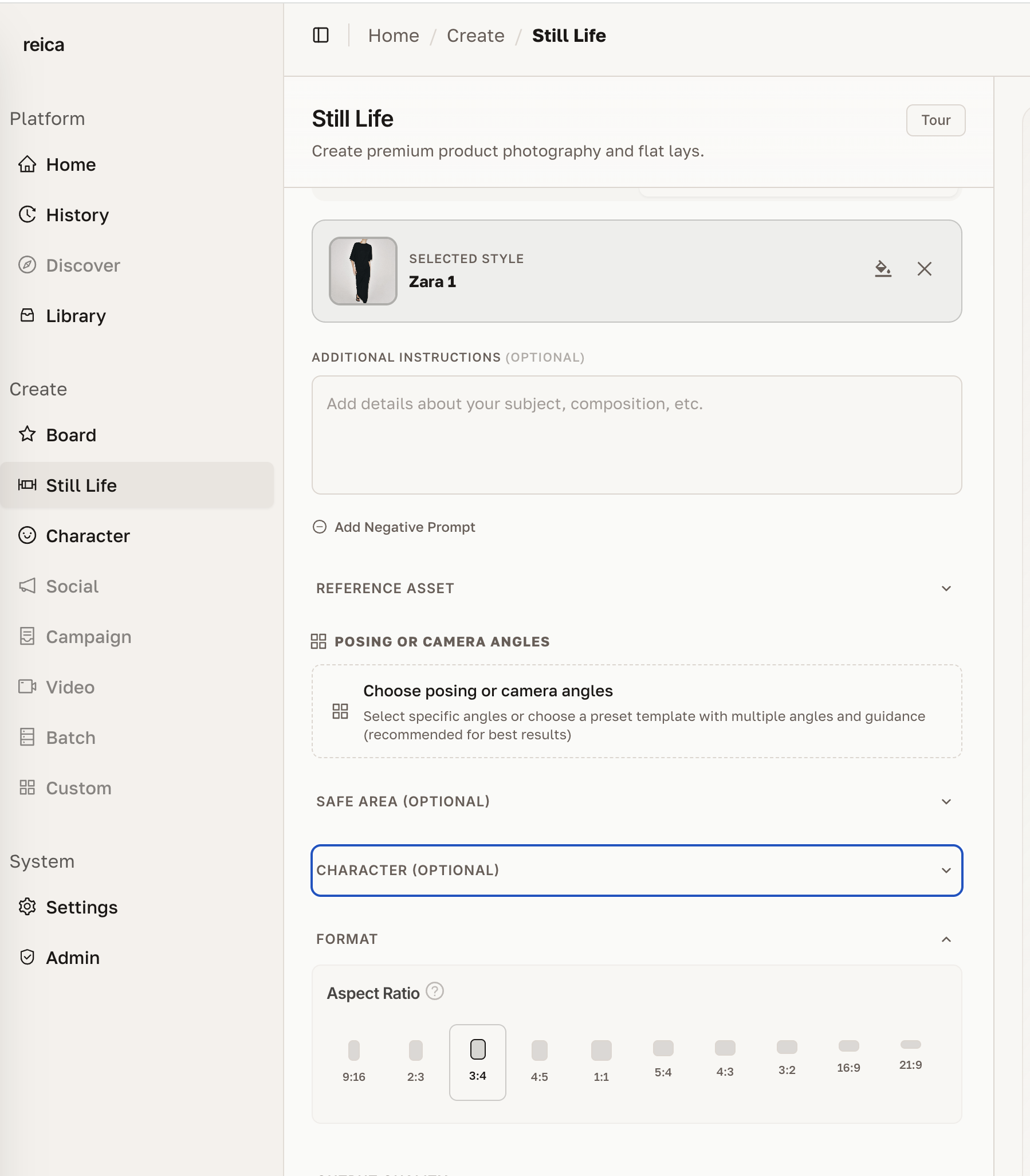 Aspect ratio options for Still Life output