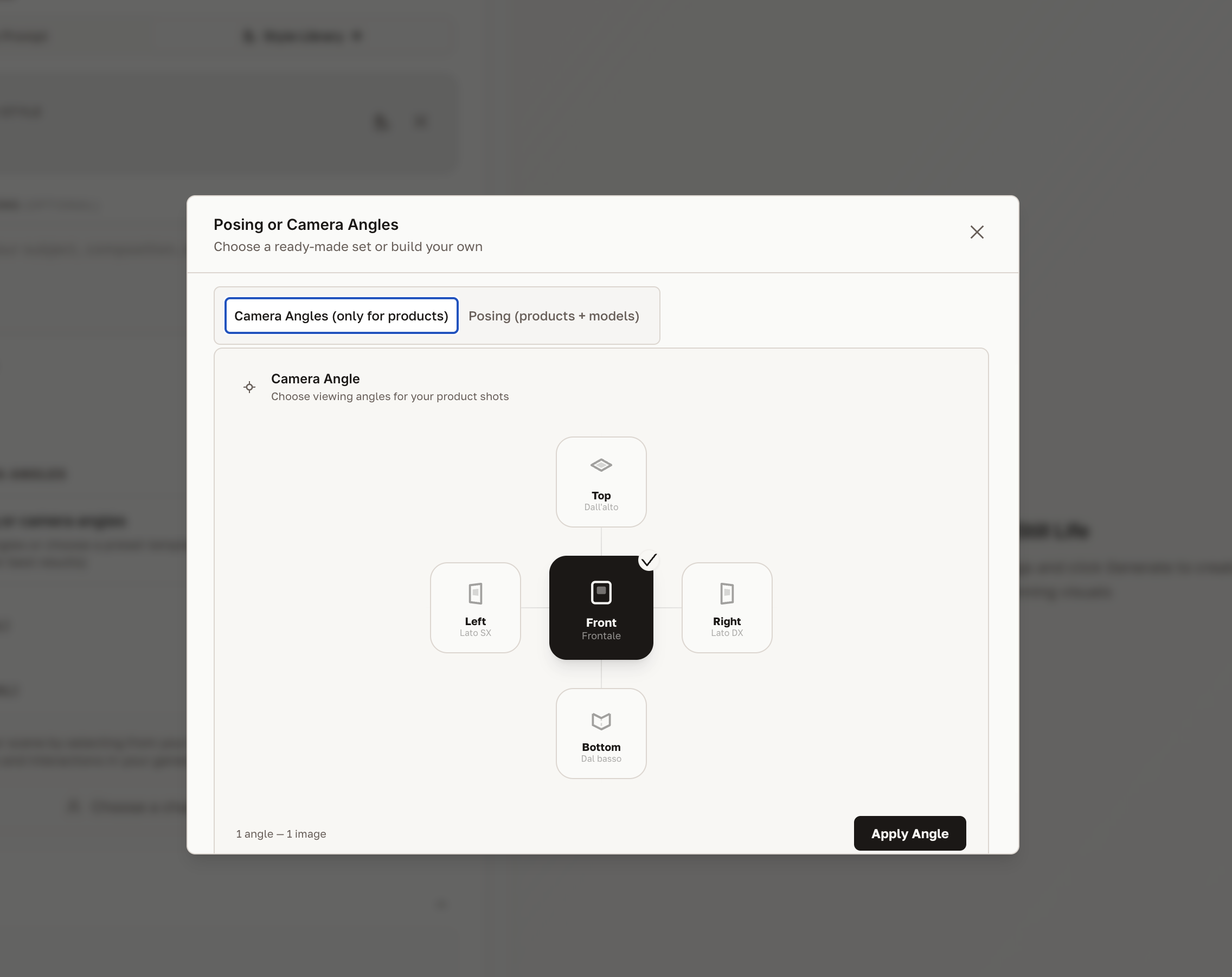 Camera angle selection panel