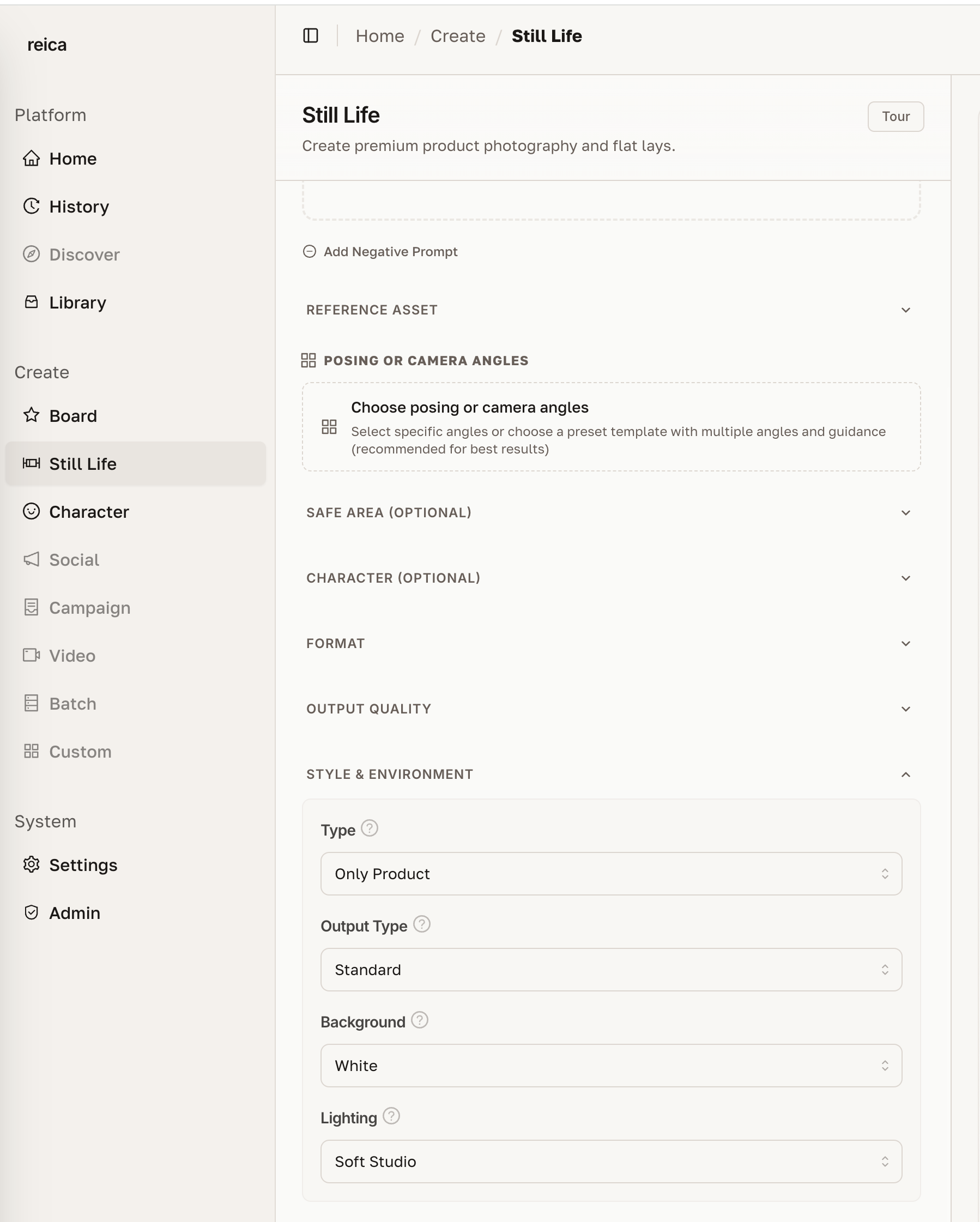 Lighting, background and output type settings